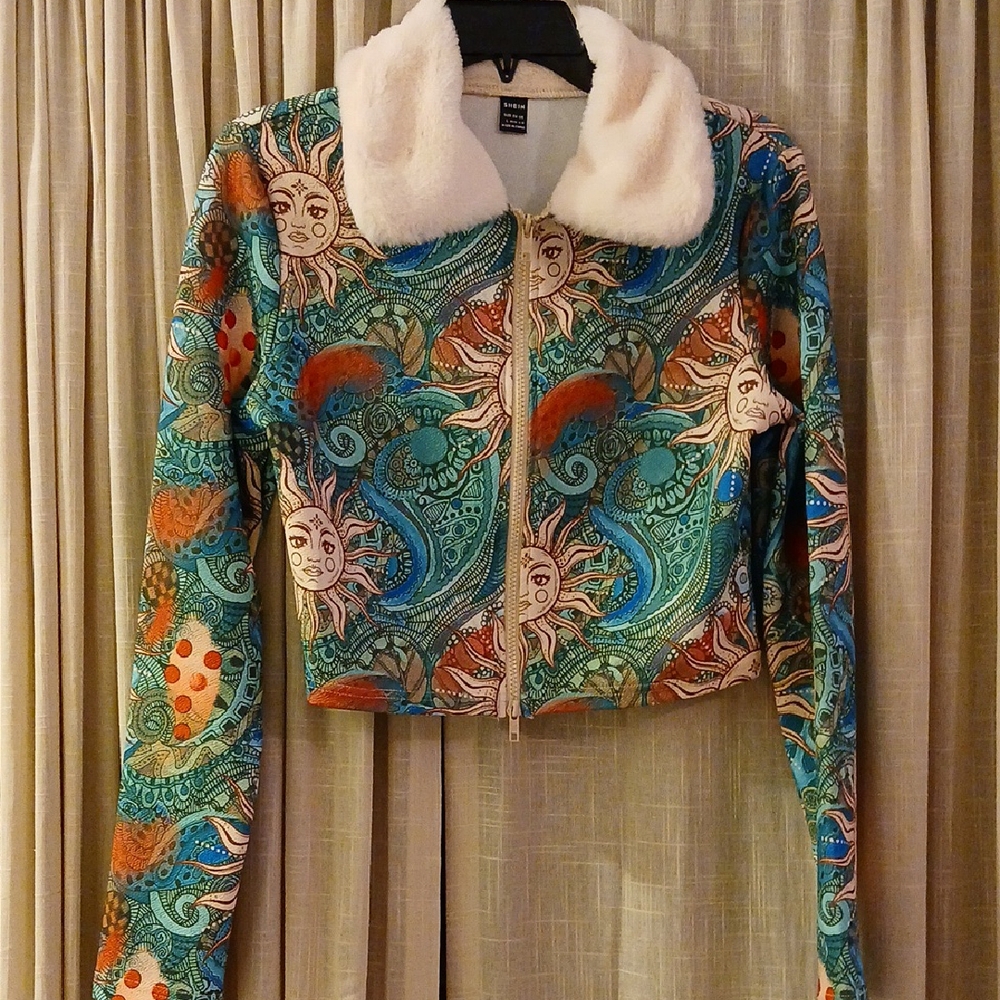 SHEIN Multicolor Celestial Light Jacket with Faux Fur Collar L